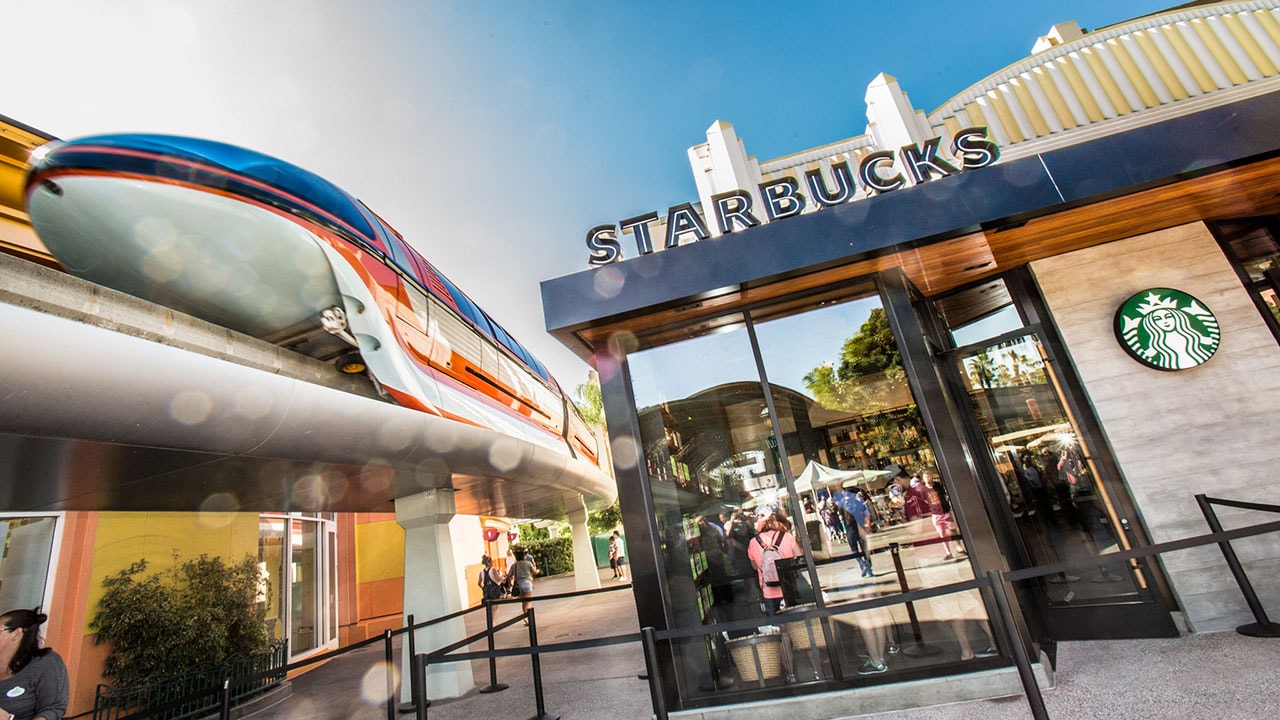 Starbucks at Disneyland with monorail going past