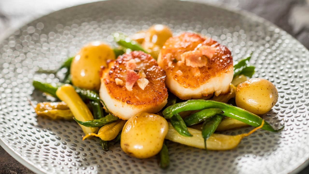 Seared Scallops with French Green Beans, Butter Potatoes, Brown Butter Vinaigrette and Apple-wood Smoked Bacon