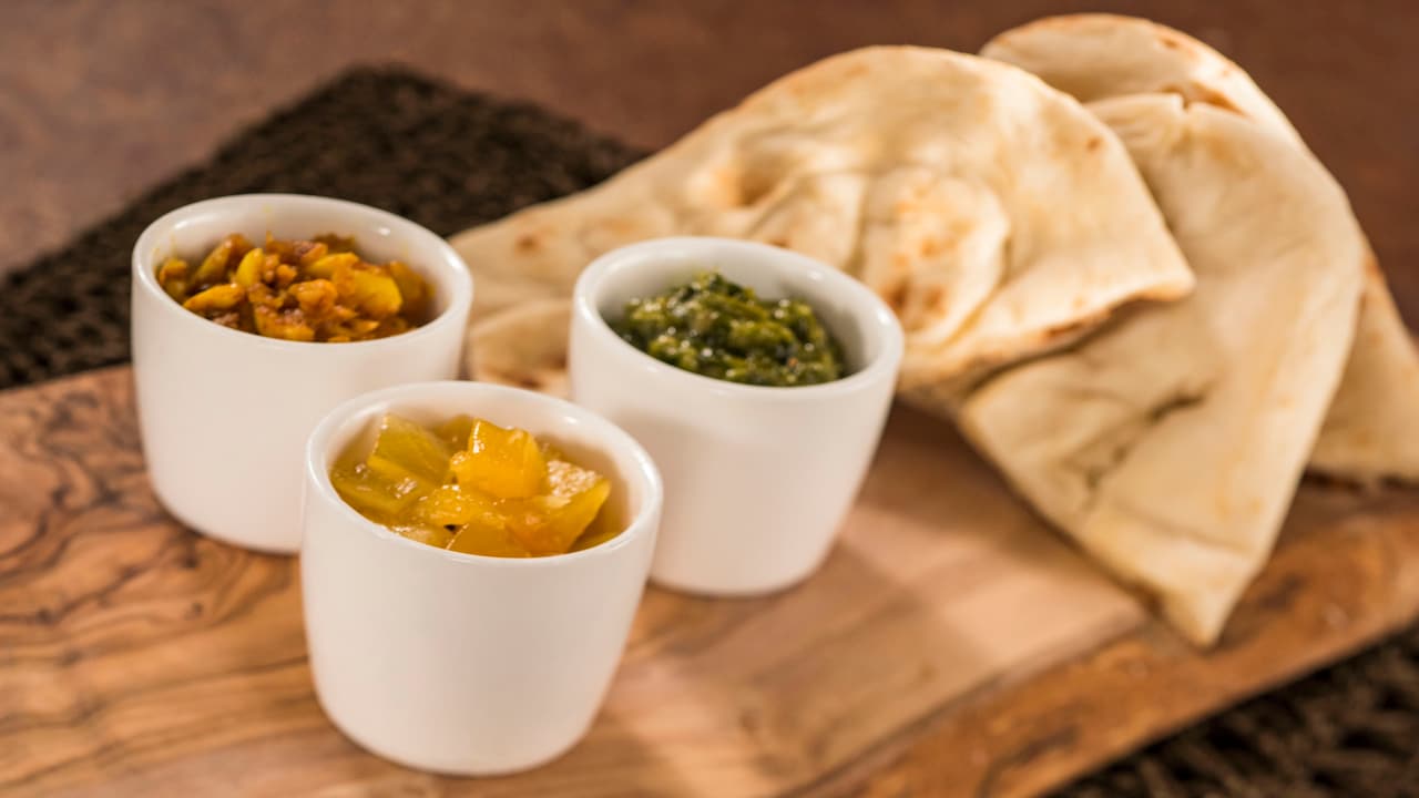 Warm Indian Bread with Pickled Garlic, Mango Salsa and Coriander Pesto Dips