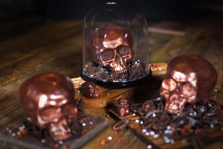 The Ganachery Skull Shaped Dark Chocolate for Halloween Season in Glass Case