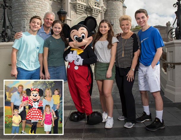 Joan Lunden and Family pose in front of Cinderella Castle at Magic Kingdom Park, then and now