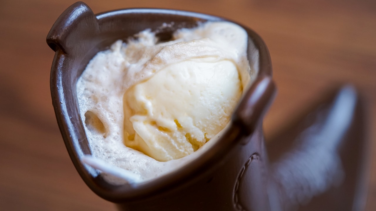 Boot Beer Root Beer Float served in a Souvenir Woody’s Boot