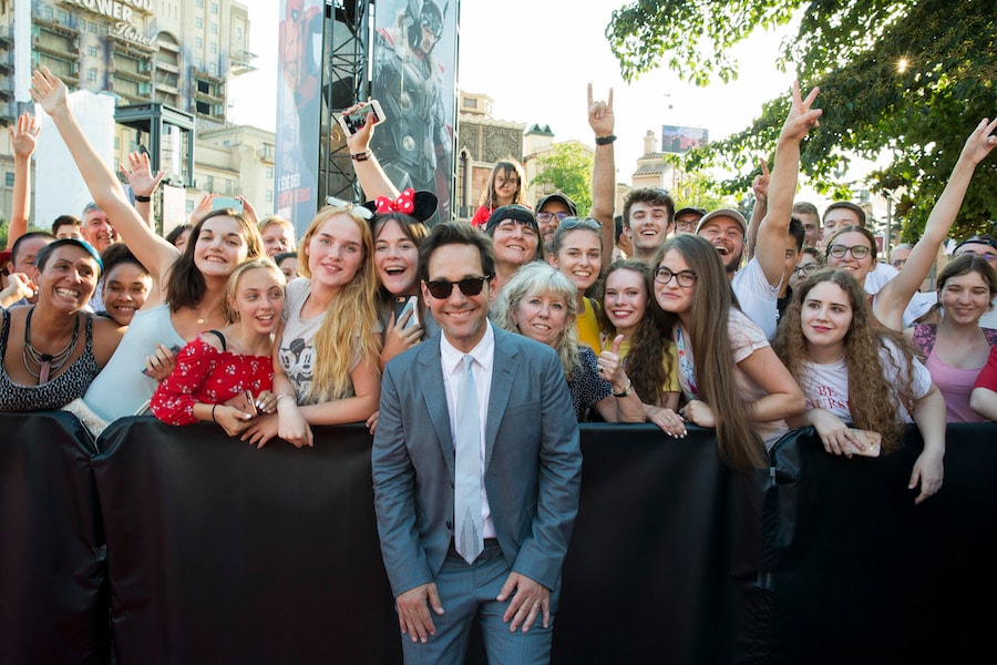 Actor Paul Rudd poses for a picture with fans during the European Premiere of Marvel Studios 