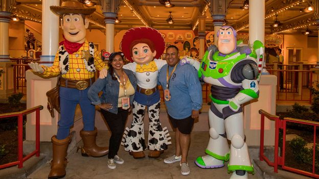 Disney Parks Blog fans post with Toy Story characters Woody, Jessie, and Buzz