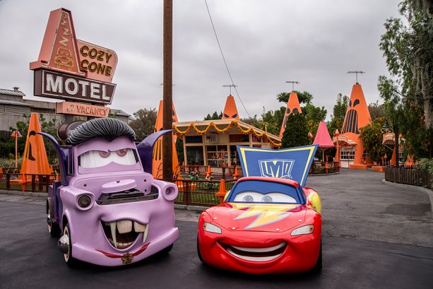 Mater and Lighting McQueen at Radiator Screams in Cars Land at Disney California Adventure park
