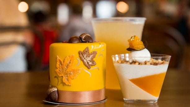 Caramel Apricot Cobbler, Fall Harbest Petit Cake, and Apple Cider Riesling Wine Slushie at Amorette’s Patisserie for WonderFall Flavors at Disney Springs
