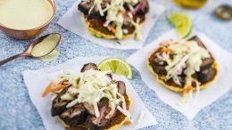 Charred Skirt Steak with Corn Pancakes and Jicama Slaw