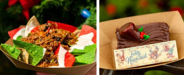 Feliz Navidad Nachos and Three Caballeros Spiced Chocolate Yule Log at Pecos Bill Tall Tale Inn & Café for Mickey’s Very Merry Christmas Party at Magic Kingdom Park
