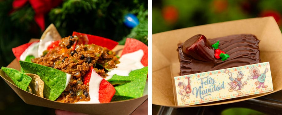 Feliz Navidad Nachos and Three Caballeros Spiced Chocolate Yule Log at Pecos Bill Tall Tale Inn & Café for Mickey’s Very Merry Christmas Party at Magic Kingdom Park
