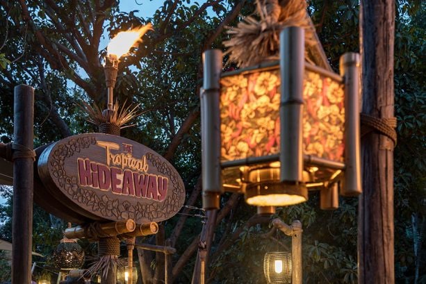 Tiki torches outside The Tropical Hideaway, Disnelyand park
