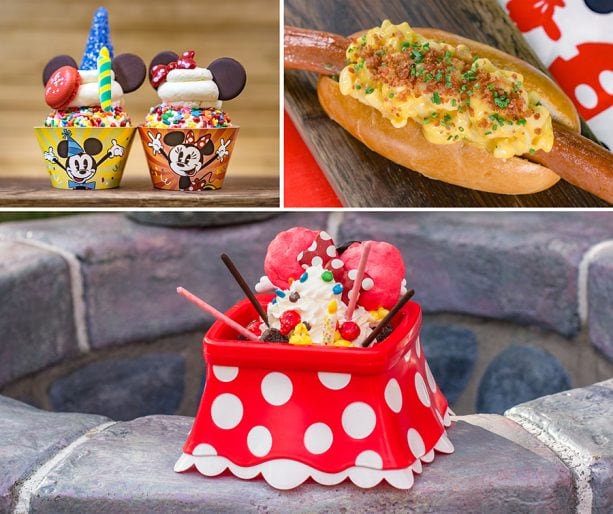 Specialty Items for Get Your Ears On at Disneyland Park - Mickey and Minnie Chocolate Chip Cookie Cupcakes, Bacon Mac & Cheese Footlong Hotdog, and Mickey's Birthday Sundae