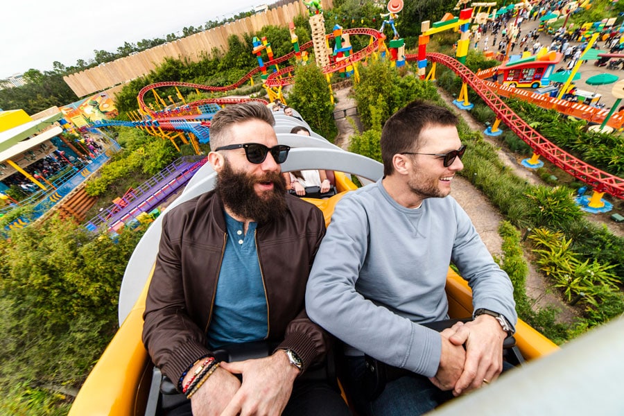 New England Patriots wide receiver Julian Edelman (left) and quarterback Tom Brady (right) celebrated their Super Bowl LIII victory Monday, Feb. 4, 2019, at Walt Disney World Resort in Lake Buena Vista, Fla. During their visit, the pair took a ride on the new Slinky Dog Dash in Toy Story Land at Disney’s Hollywood Studios.