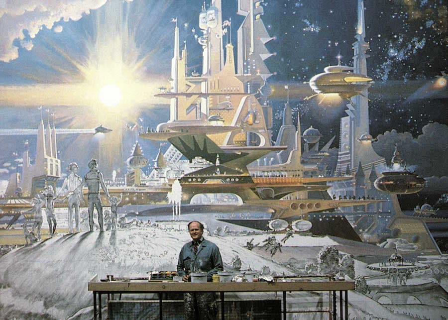 Robert McCall at work on one of his murals for the Horizons pavilion at Epcot. © Disney