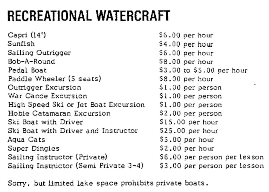 An October 1971 listing of the available water craft rentals at Walt Disney World.