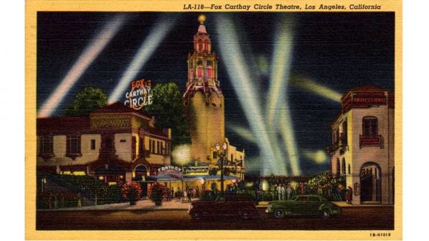 The Carthay Circle name derives from the name of its developer, J. Harvey McCarthy, the auditorium was shaped as a perfect circle, extended up into a cylinder, set inside a square. Vintage postcard, public domain.