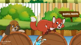 Tod and Copper from "The Fox and the Hound" jump across the barrel bridge at Tom Sawyer Island in this Disney Doodle by artist Evan Peltier