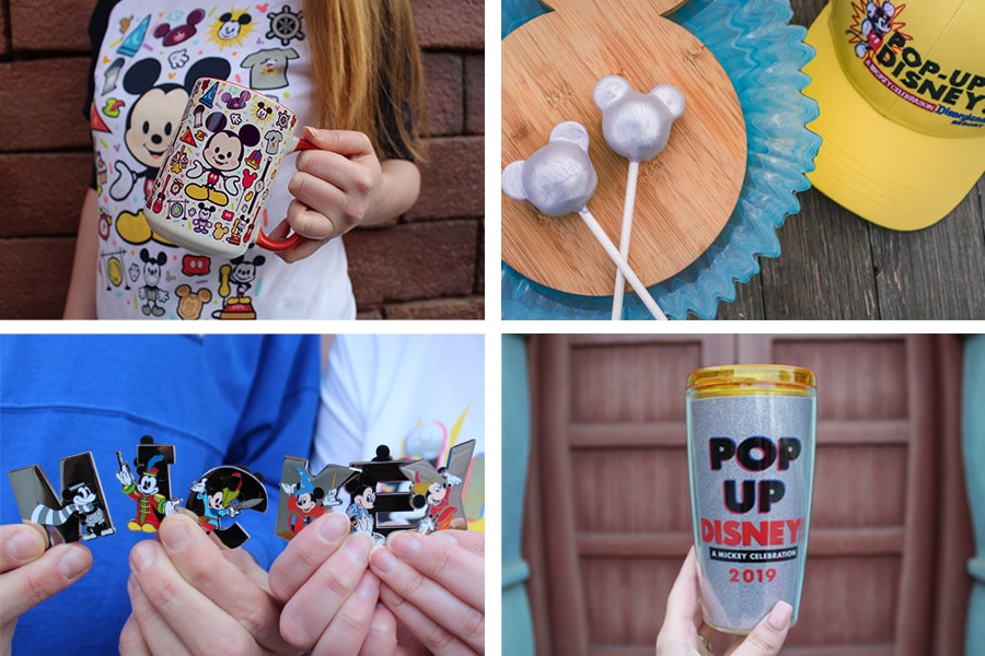 Pop-Up Disney! A Mickey Celebration merchandise items: T-shirt, Mug, metallic Mickey cake pops, ball cap, pins and tumbler