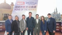 Chris Hemsworth, Paul Rudd and Jeremy Renner, along with producer Kevin Feige, directors Anthony and Joe Russo and executive producer Trinh Tran, at Shanghai Disney Resort ahead of the release of Marvel Studios’ “Avengers: Endgame.”