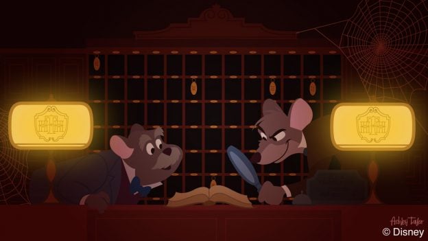 Characters from the 1986 film “The Great Mouse Detective” explore The Twilight Zone Tower of Terror at Disney's Hollywood Studios
