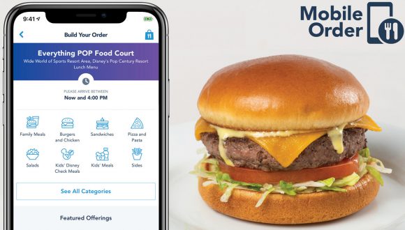 Mobile Order service through the My Disney Experience App on a smartphone and cheeseburger