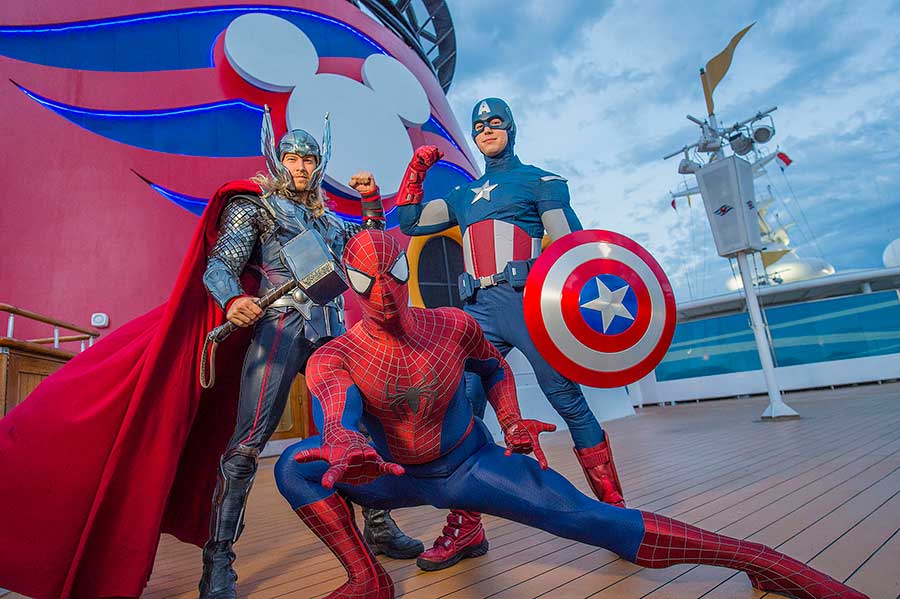 Marvel Day at Sea with characters like Thor, Captain America, and Spiderman.
