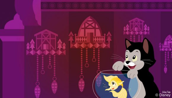 Cleo and Figaro from "Pinocchio" admire the cuckoo clocks in the Germany Pavilion at Epcot in this Disney Doodle by Artist Ashley Taylor