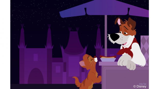 Oliver and Dodger eat hot dogs at Disney's Hollywood Studios in this Disney Doodle from artist Ashley Taylor