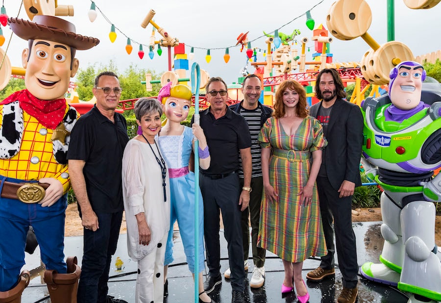 From left: Woody, Tom Hanks, Annie Potts, Bo Peep, Tim Allen, Tony Hale, Christina Hendricks, Keanu Reeves and Buzz Lightyear