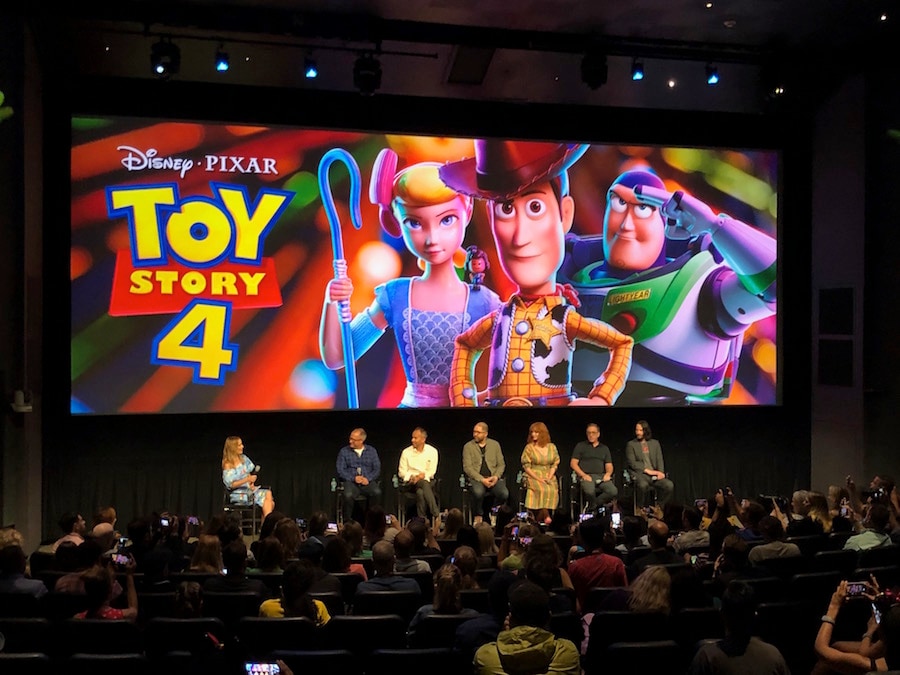 From left: Brooke Anderson, Mark Nielsen, Jonas Rivera, Josh Cooley, Christina Hendricks, Tim Allen and Keanu Reeves at the press conference held at Disney’s Hollywood Studios