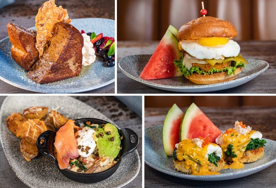 Brunch Entrées from Lamplight Lounge at Disney California Adventure park - Indulgent French Toast, Brunch Burger, Egg White Frittata Bake, Crab and Potato Cake Benedict