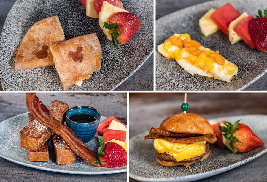 Kid’s Entrées from Lamplight Lounge at Disney California Adventure park - Brunch Quesadilla, Omelet, French Toast, Mini Brunch Burger