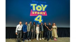 Stars of Toy Story 4, including Tom Hanks as Woody, Tim Allen as Buzz Lightyear, Annie Potts as Bo Peep, Tony Hale as Forky, Christina Hendricks as Gabby Gabby, and Keanu Reeves as Duke Caboom with director Josh Cooley, and producers Mark Nielsen and Jonas Rivera at Disney's Hollywood Studios.