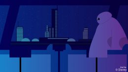 Baymax rides the Tomorrowland Transit Authority PeopleMover at Magic Kingdom Park in this Disney Doodle by artist Ashley Taylor