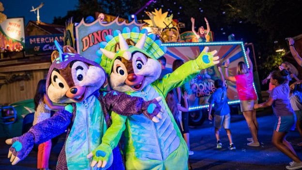Chip 'n Dale in their dinosaur suits at Donald’s Dino-Bash! at Disney's Animal Kingdom park