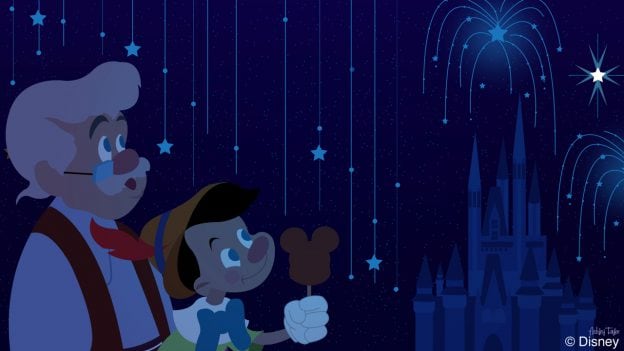 Pinocchio and Geppetto Enjoy the ‘Happily Ever After’ Fireworks at Magic Kingdom Park in this Disney Doodle by artist Ashley Taylor