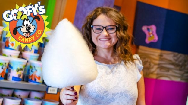 Disney Parks Blog author Kelsey Noland with cotton candy from Goofy's Candy Co. at Disney Springs