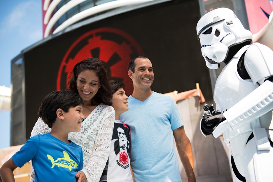 Family and stormtrooper on a Disney Cruise