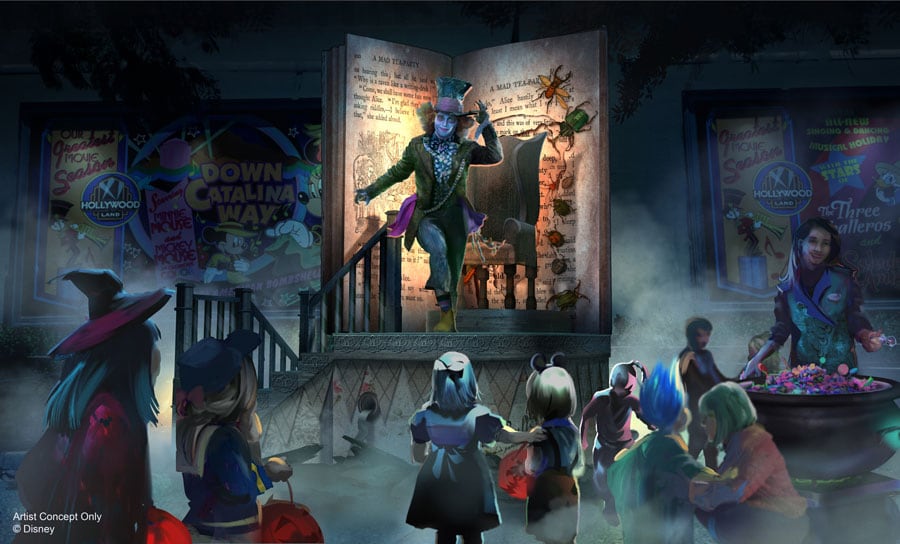 Artist rendering of Immersive Treat Trail with Mad Hatter from Tim Burton’s “Alice in Wonderland” at Oogie Boogie Bash – A Disney Halloween Party at Disney California Adventure park