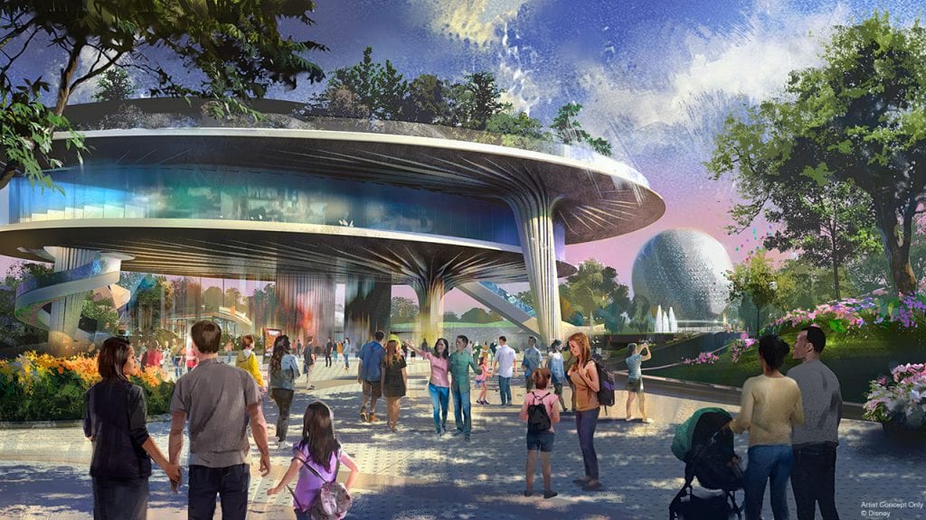 Artist's impression of new pavilion at Epcot, with three floors including a garden on the roof