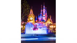 Nighttime photo of Steamboat Willie at Shanghai Disneyland