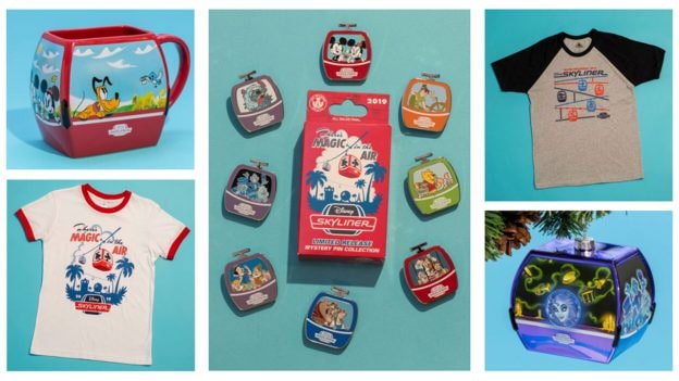 Disney Skyliner Merchandise collage - T-shirts, pins, mug and ornament