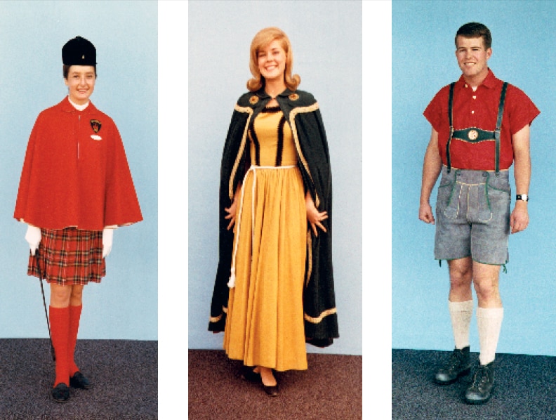 These early 1960s Cast Member wardrobe photos document then-current apparel for a Tour Guide, a Fantasyland Hostess, and a Matterhorn Bobsleds Host. © Disney