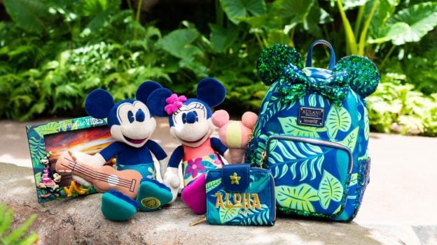 Items from the New Aulani Resort Collection: Loungefly backpack and wallet, exclusive plush and other accessories