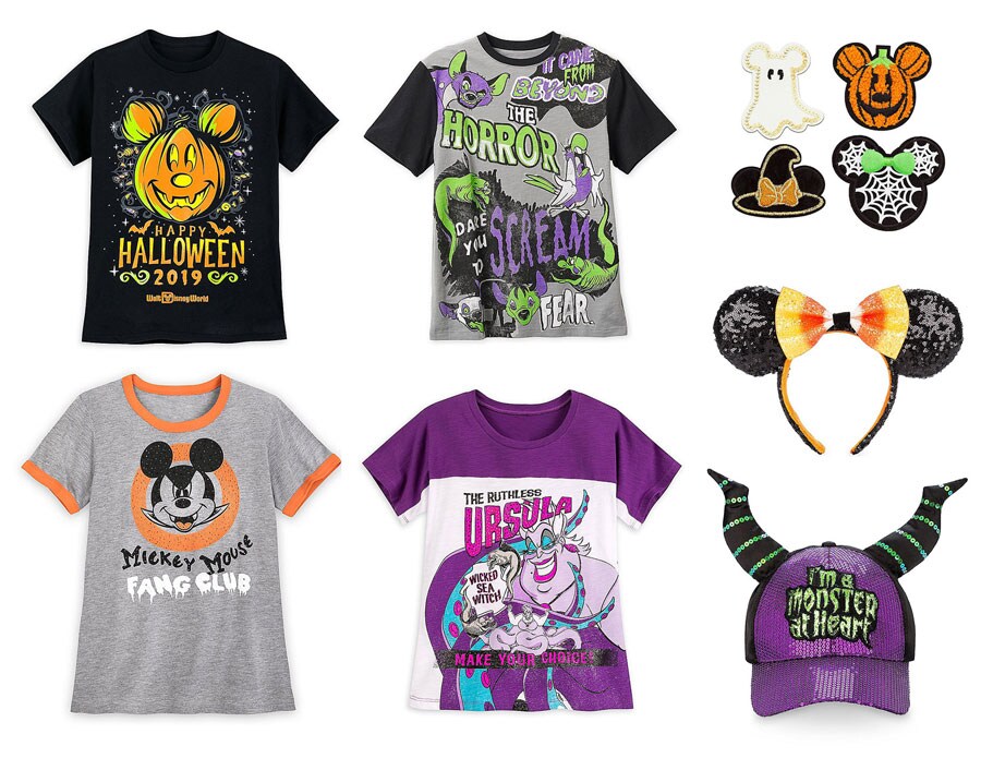 Seleciton of Halloween 2019 T-shirts and accessories (hat, Minnie ear headband and pins) found at DisneyStyle at DIsney Springs