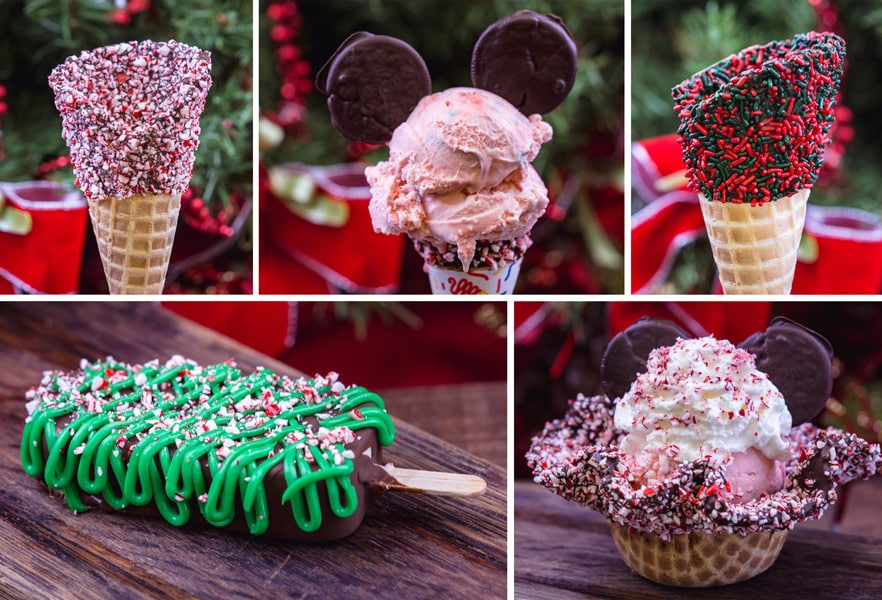 Collage of Clarabelle’s Hand-Scooped Ice Cream Offerings for Holidays 2019 at Disney California Adventure Park