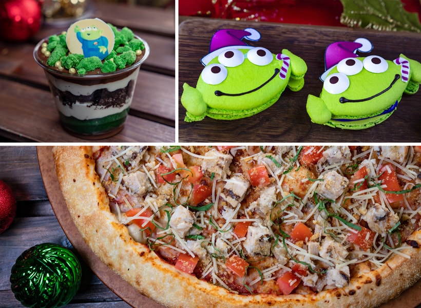 Collage of Alien Pizza Planet Offerings for Holidays 2019 at Disneyland Park