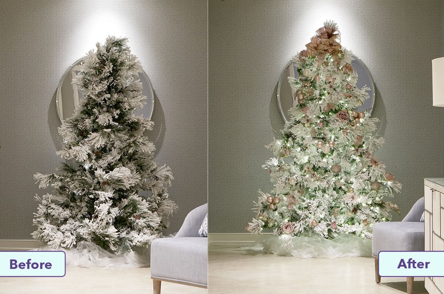 Christmas tree before and after at Orlando Fisher House