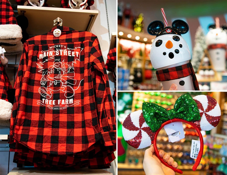 Holiday merchandise from World of Disney at Disney Springs: Yuletide Farmhouse collection buffalo plaid longsleeve shirt, snowman light-up tumbler and holiday Minnie Mouse headband featuring a candy cane design