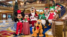 Mickey, Minnie, Goofie, Pluto, Donald, Daisy, Chip and Dale in holiday attire for Disney Cruise Line Very Merrytime cruises