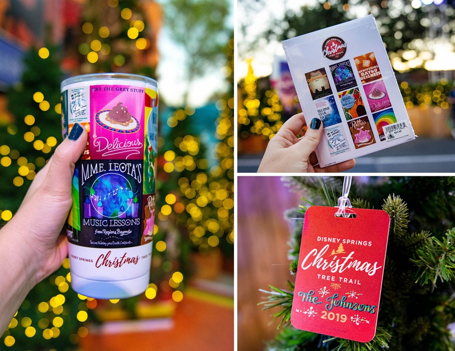 Collage of Disney Springs Christmas Tree Trail merchandise available at the Elforium: tumbler, postcards and luggage tag